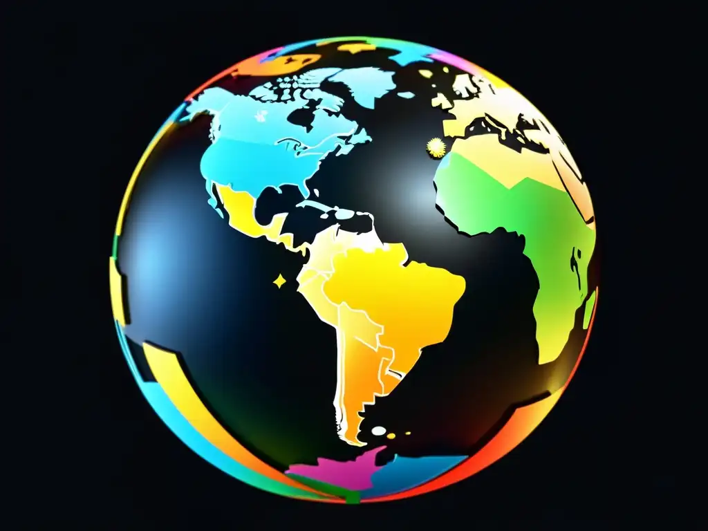 Un impactante globo terráqueo formado por símbolos geográficos marcas infracción, representando la interconexión del comercio global y los conflictos potenciales en el branding