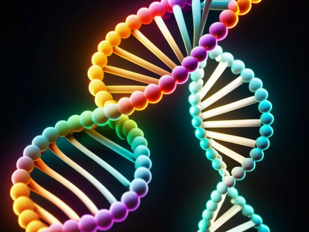 Una impactante imagen detallada de una doble hélice de ADN, resplandeciente y colorida, sobre un fondo oscuro futurista