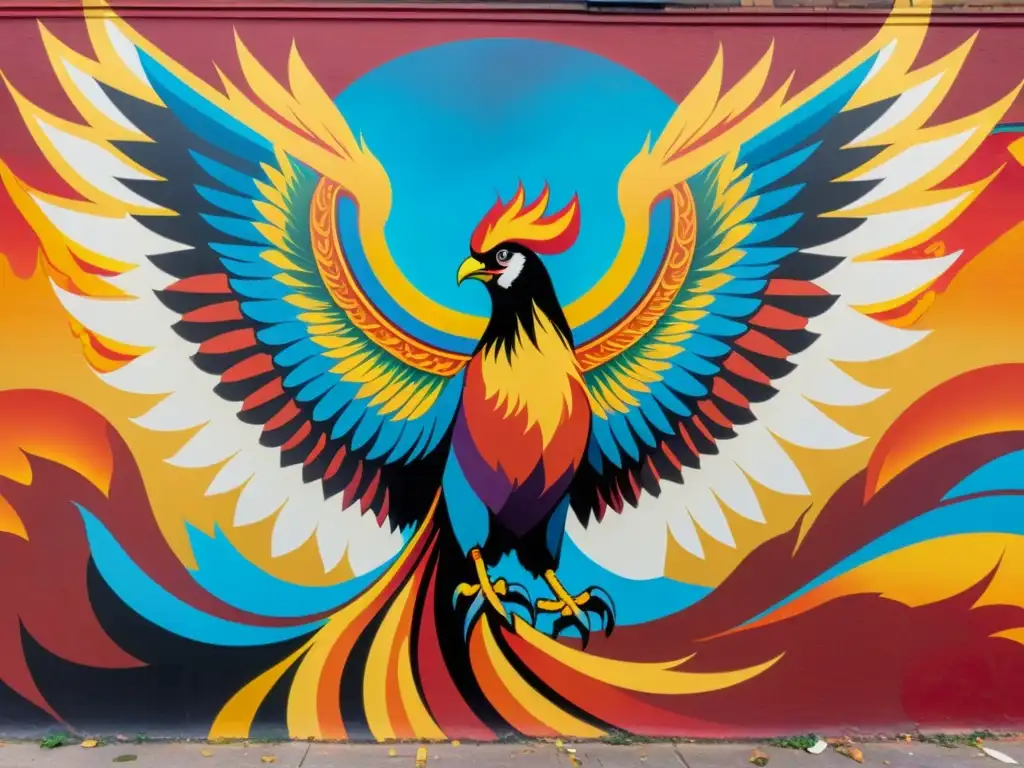 Una impactante obra de arte callejero muestra un fénix en colores vibrantes