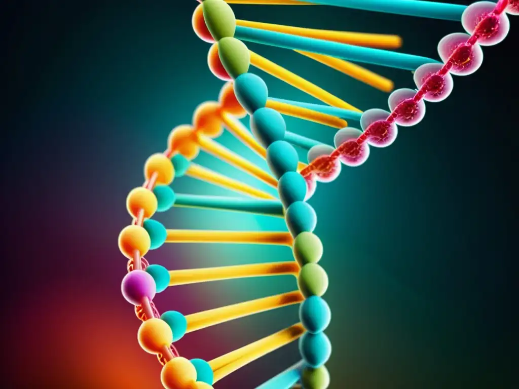 Una impactante representación visual de la estructura de doble hélice del ADN, con colores dinámicos que simbolizan el código genético