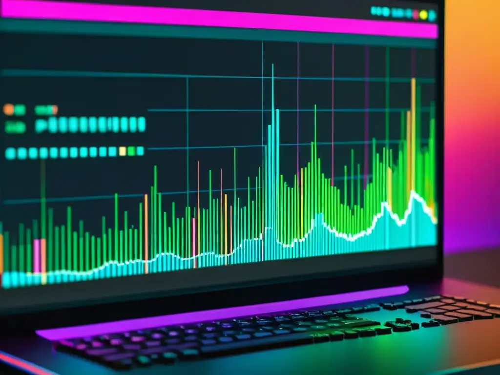 Una impactante representación visual de patentes de software y competencia, con código, gráficos y colores vibrantes