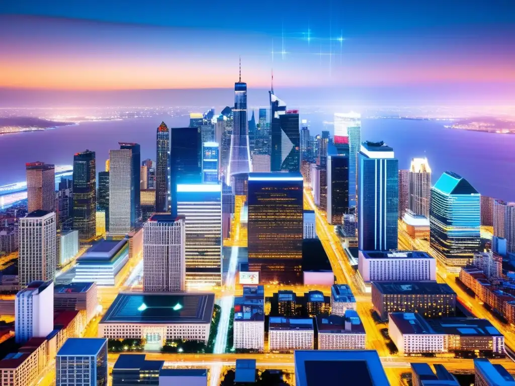 Impacto de acuerdos comercio propiedad intelectual: ciudad moderna con redes digitales entre rascacielos y luces vibrantes