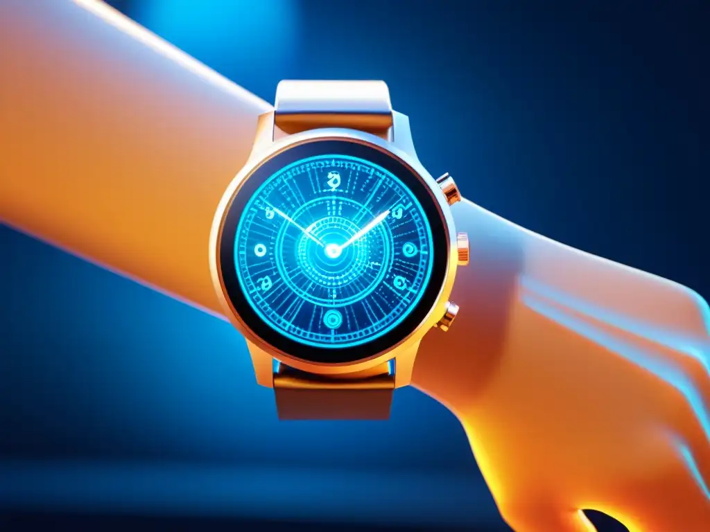Impacto de las patentes en wearables: Reloj inteligente moderno con patrones de circuitos visibles bajo el cristal, en un entorno futurista y minimalista, resaltando su diseño innovador