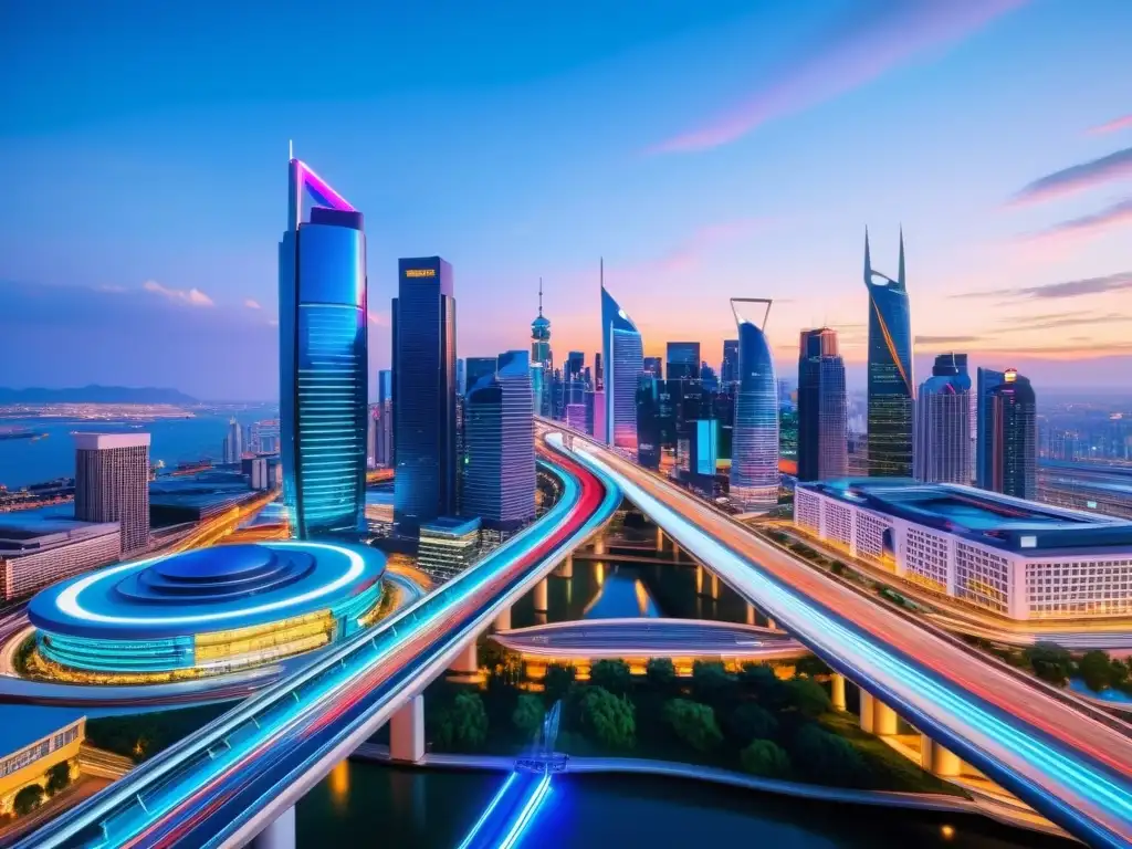 Imponente ciudad futurista con rascacielos iluminados y vehículos voladores