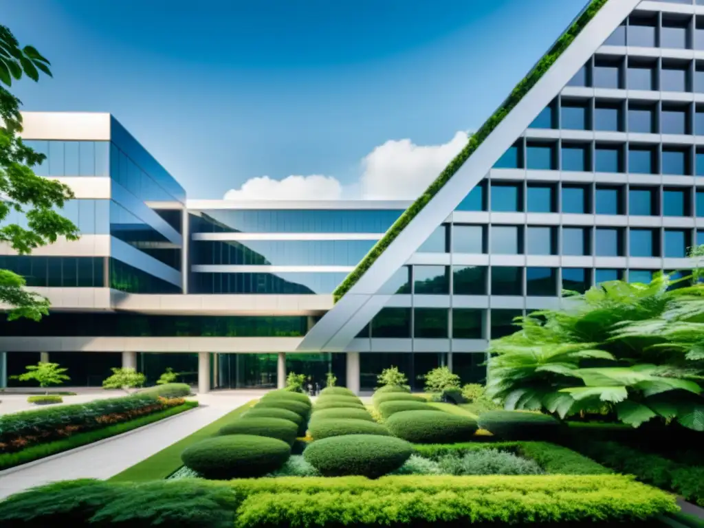 Imponente sede corporativa con diseño moderno, rodeada de vegetación exuberante
