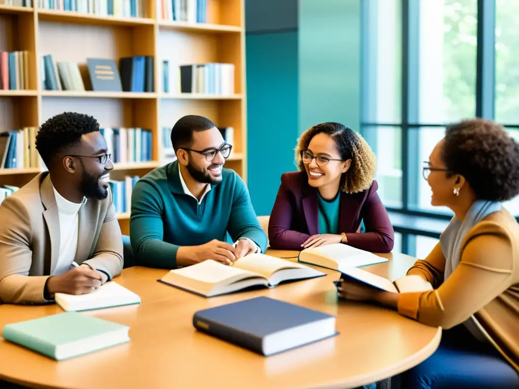 Importancia de editoriales académicas: Estudiantes y profesores colaborando en una animada discusión, rodeados de libros y revistas académicas