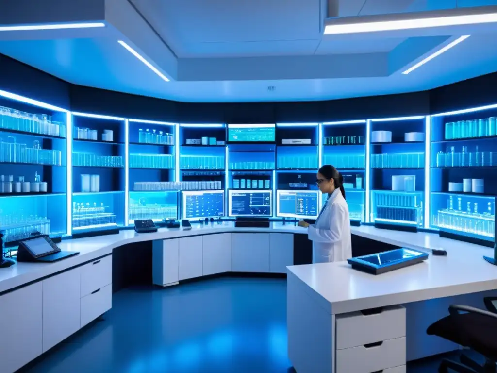 Importancia de la Oficina de Patentes en Farmacéutica: Laboratorio moderno con científicos en batas blancas, tecnología de vanguardia, tubos de ensayo y pantallas futuristas mostrando datos, con una atmósfera elegante y futurista en una ciudad
