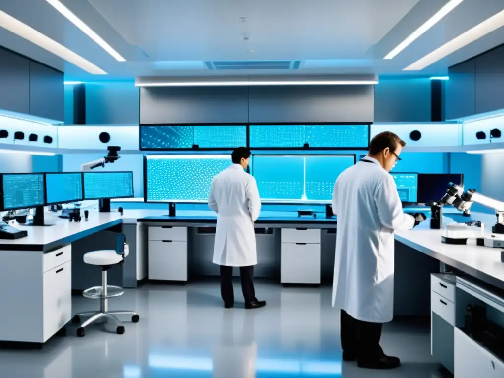 Importancia de patentes en nanotecnología: Laboratorio de investigación con científicos en batas blancas trabajando en nanoestructuras bajo microscopios potentes