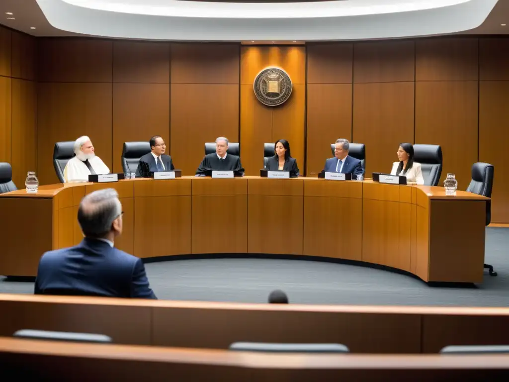 Importancia de la prueba pericial en los litigios de patentes: escena de juicio con abogados, testigos y juez, mostrando intensidad y profesionalismo