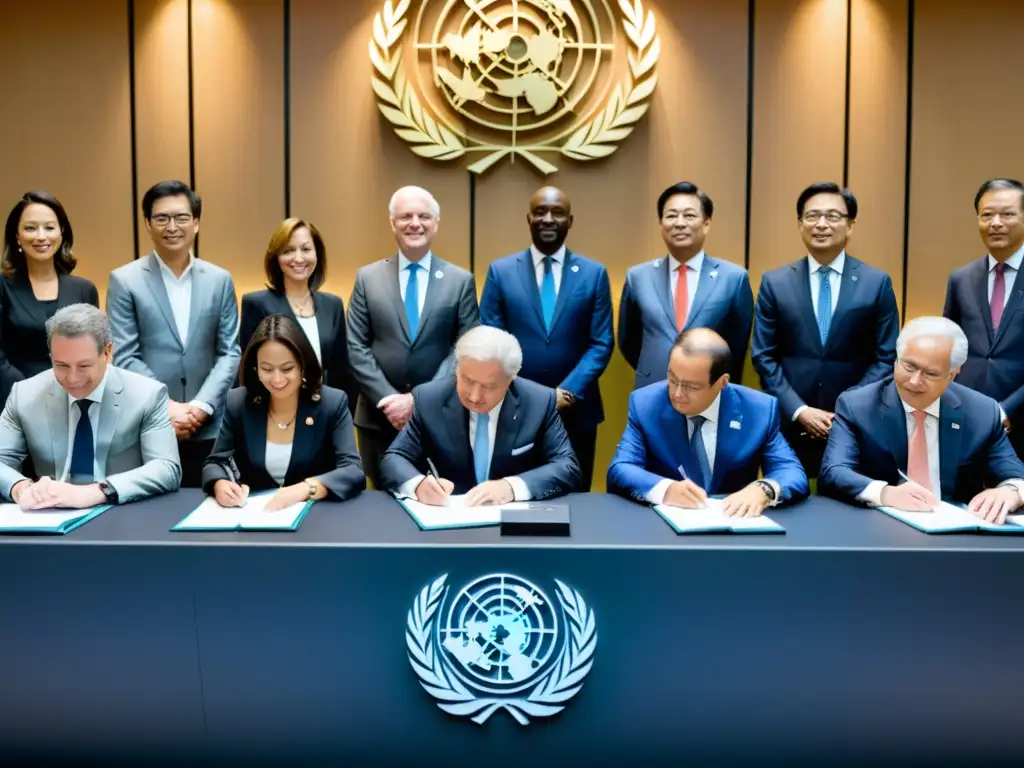 Importante firma del Tratado OMPI Derecho Autor por líderes internacionales en una sala moderna y elegante, resaltando su relevancia global