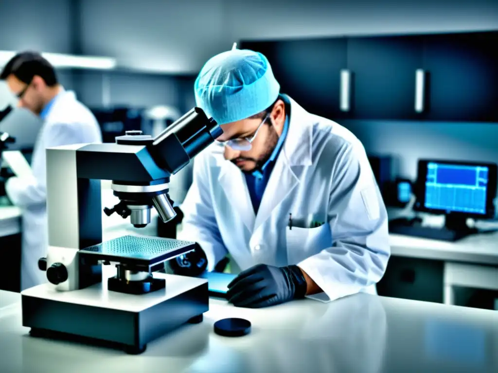 Importante laboratorio de nanotecnología con científicos operando equipos avanzados y examinando nanomateriales bajo microscopios potentes, enfatizando la importancia de patentes en nanotecnología