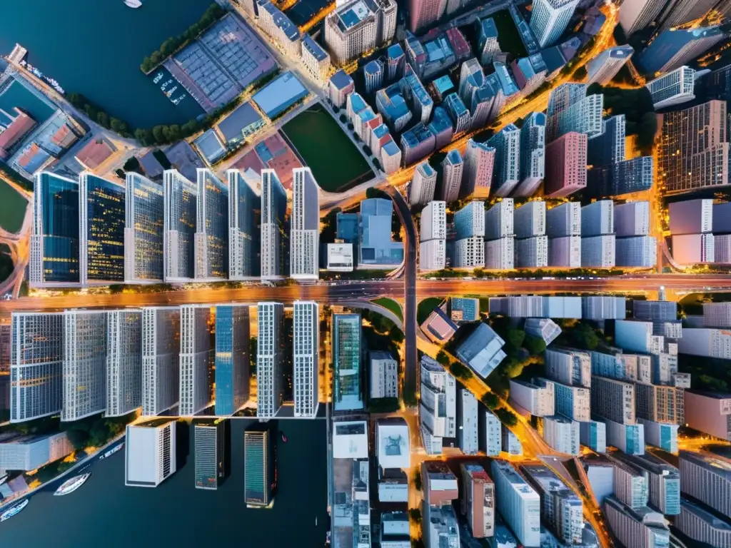 Una impresionante fotografía aérea de un bullicioso paisaje urbano al atardecer