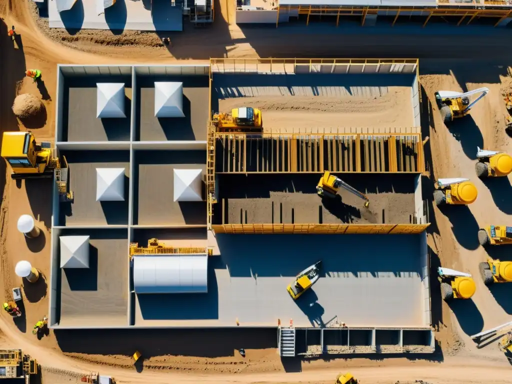 Una impresionante fotografía aérea en 8k detalla un bullicioso sitio de construcción con obreros, grúas y maquinaria pesada