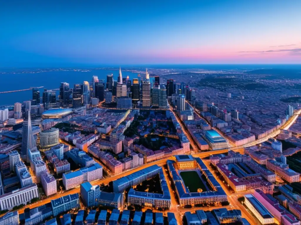 Impresionante fotografía aérea de una ciudad vibrante al anochecer