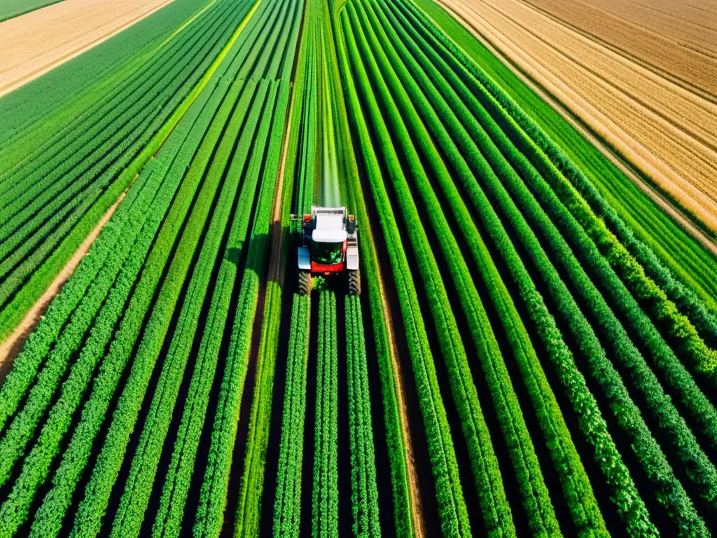 Una impresionante fotografía aérea de un extenso paisaje agrícola, con maquinaria de cosecha moderna en acción