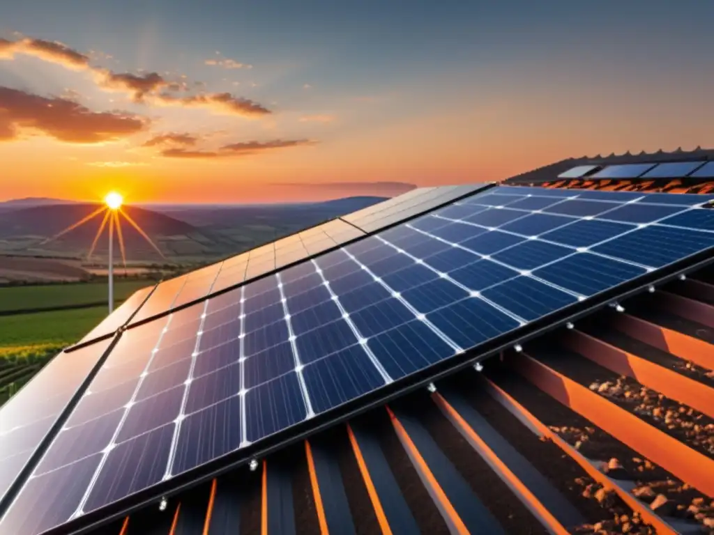Un impresionante atardecer realza la moderna instalación de paneles solares, mostrando Avances en patentes tecnología fotovoltaica