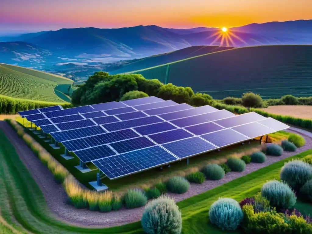 Un impresionante atardecer realza la moderna matriz de paneles solares, integrando energías renovables en el entorno natural