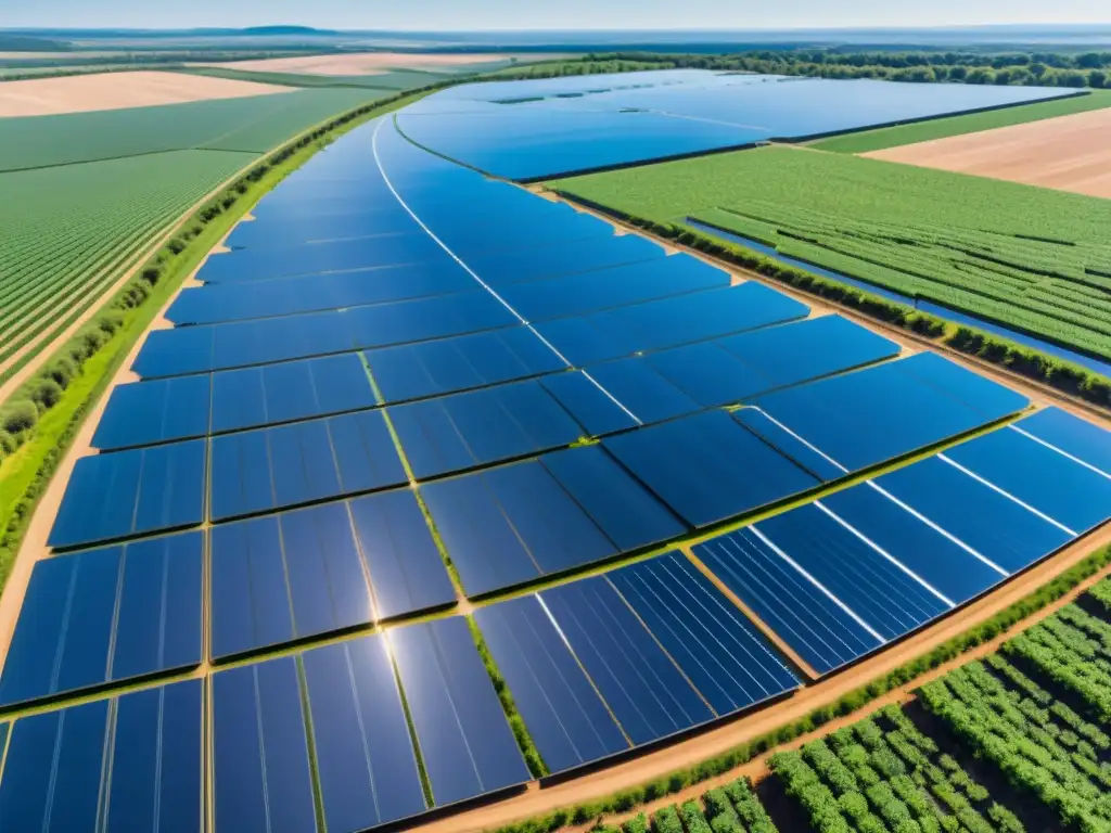 Un impresionante campo de paneles solares futuristas en un paisaje vasto y soleado