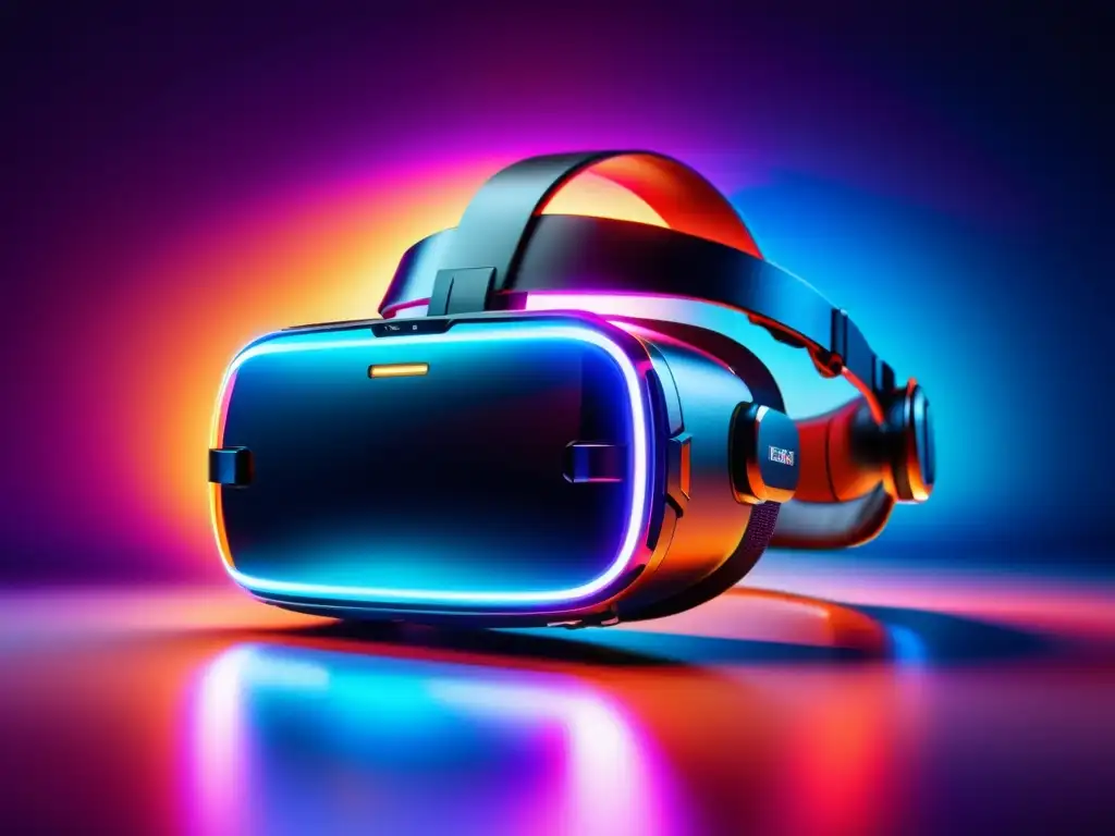 Un impresionante y detallado visor de realidad virtual con luces de neón vibrantes, circuitos intrincados y diseño moderno