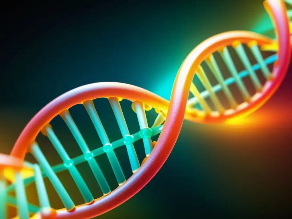 Una impresionante representación en detalle de la estructura del ADN, con colores vibrantes que simbolizan la información genética