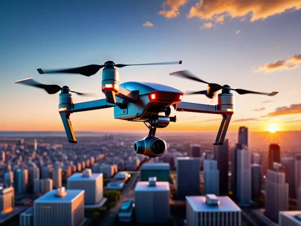 Un impresionante drone capturando un atardecer vibrante sobre la ciudad
