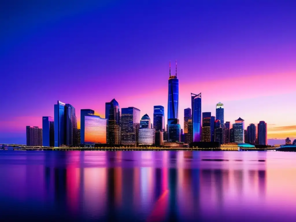 Un impresionante horizonte urbano con rascacielos iluminados por luces LED, en tonos púrpuras, rosas y naranjas al atardecer