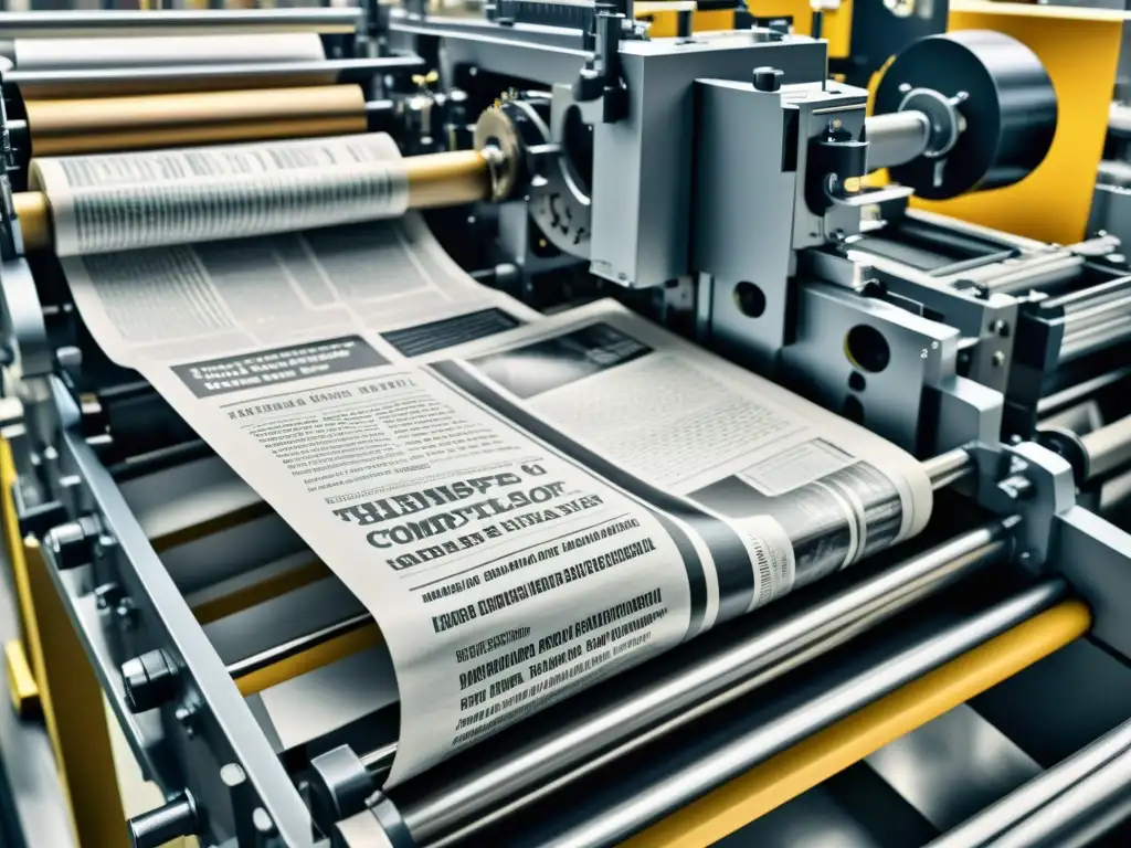 Una impresionante imagen de una imprenta de periódicos en acción, resaltando la compleja maquinaria y la vibrante impresión de alta resolución