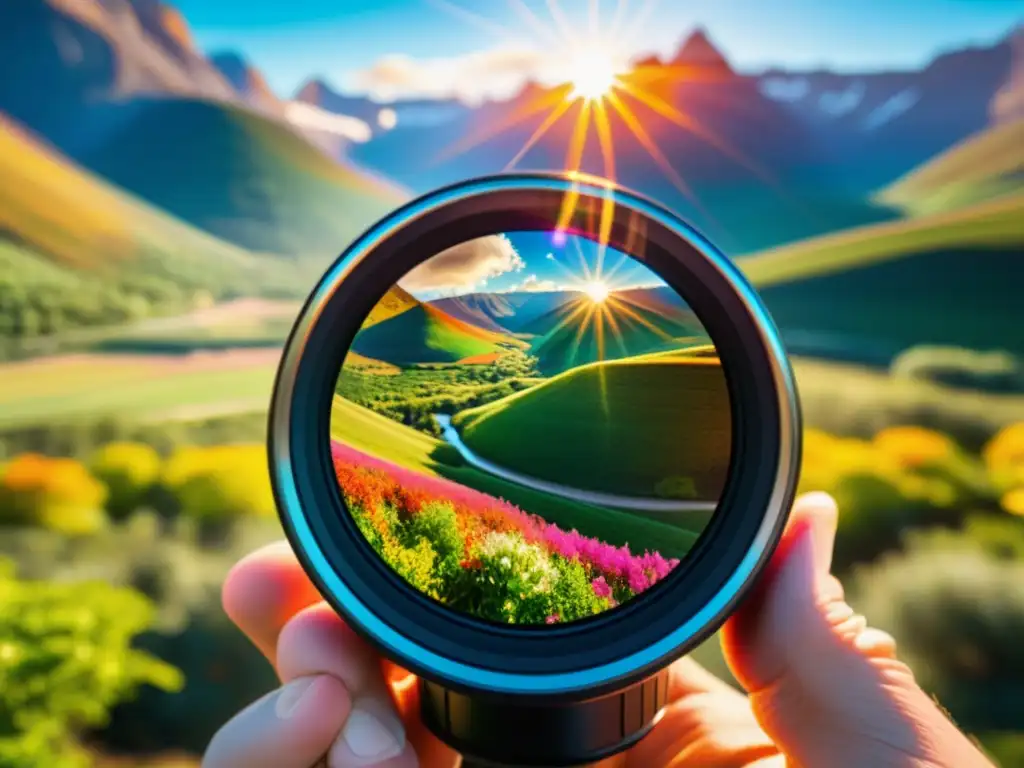 Una impresionante imagen de un lente de cámara capturando la belleza de un paisaje colorido y vibrante, con un efecto de destello solar