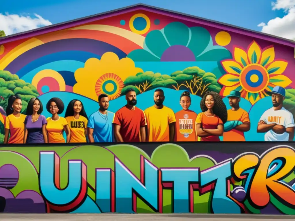 Un impresionante mural urbano que celebra la diversidad y la armonía social, con colores vibrantes y detalles cautivadores