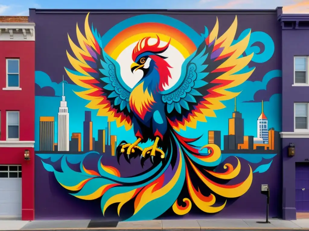 Un impresionante mural urbano con un fénix colorido y simbología legal, representando el arte efímero