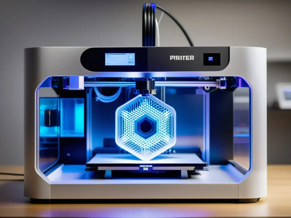 Un impresionante 3D printer crea objetos detallados, iluminación dinámica y diseño moderno