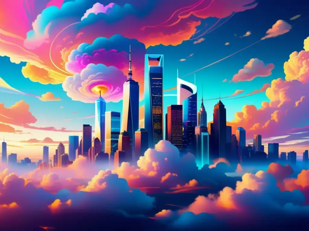 Una impresionante obra digital de una futurista ciudad abstracta, con rascacielos reflectantes y nubes de neón