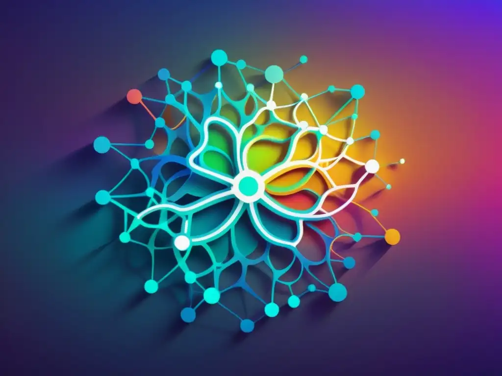 Una impresionante obra futurista, con una red neuronal de formas geométricas interconectadas y colores vibrantes