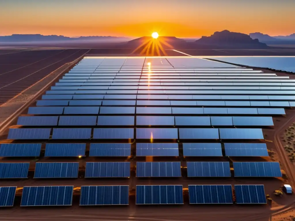 Un impresionante paisaje desértico con paneles solares reflejando el sol poniente