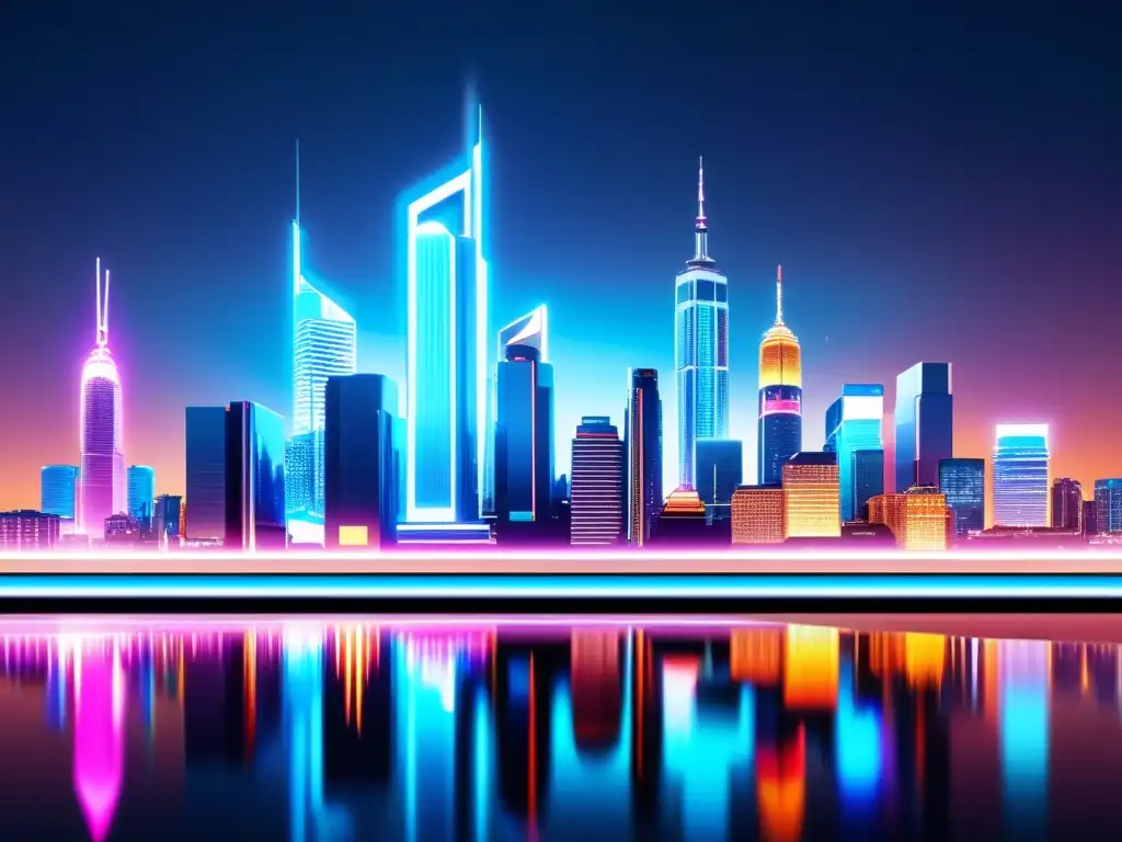 Un impresionante paisaje urbano futurista de noche, con rascacielos iluminados por luces de neón y vallas publicitarias digitales