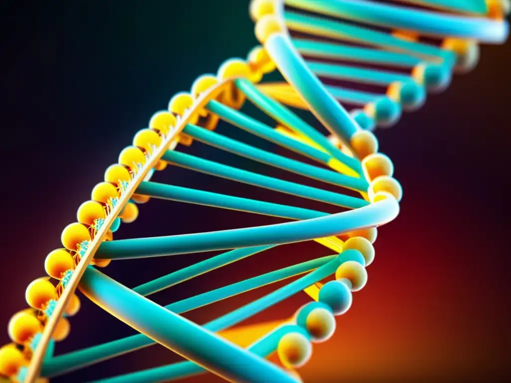 Una impresionante representación visual de la estructura del ADN con colores vibrantes y elementos tecnológicos, simbolizando la compleja interacción entre estrategias, patentes, biotecnología y regulaciones