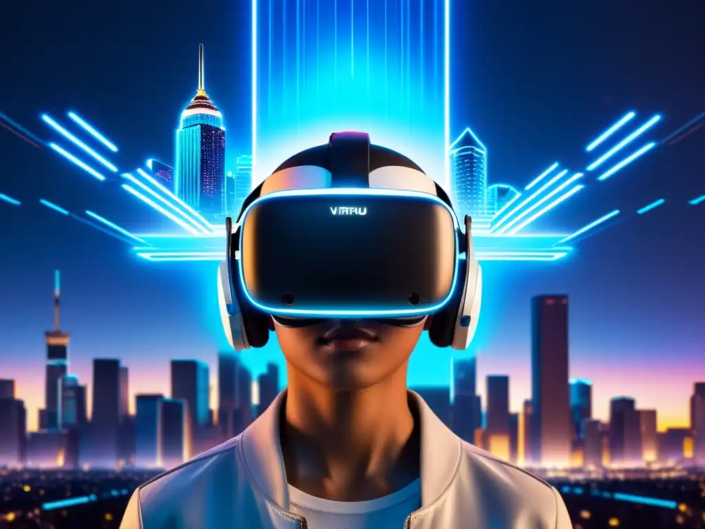 Un impresionante visor de realidad virtual flotando sobre una ciudad digital futurista