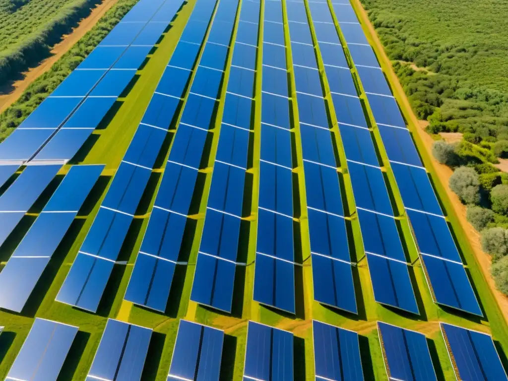 Una impresionante vista de paneles solares en un paisaje soleado, destacando la innovación en energías renovables y su protección ambiental