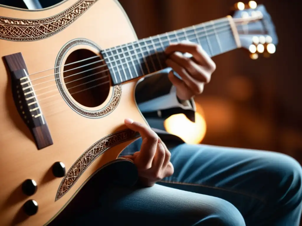 Increíble close-up de un músico tocando la guitarra con pasión y dedicación