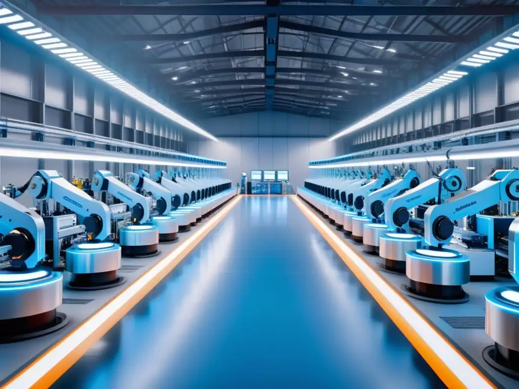 Instalación de automatización industrial futurista iluminada con un suave resplandor azul, destacando la innovación tecnológica