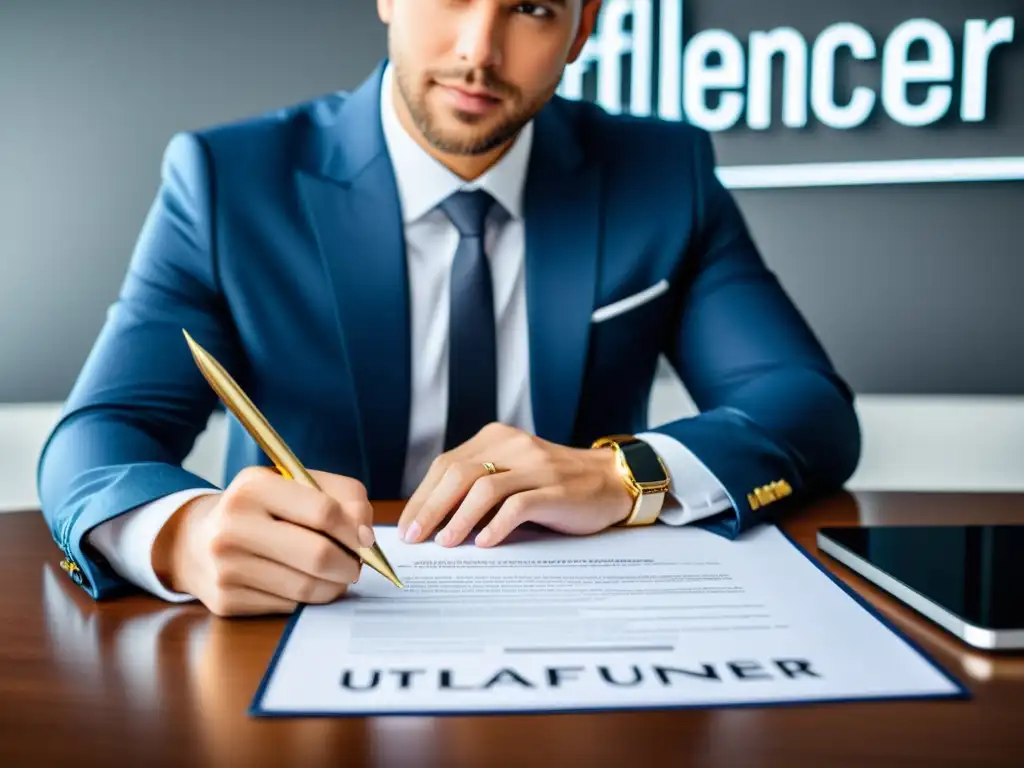 Un influencer firmando contrato con logo de marca, simbolizando la importancia de claves legales para monetización digital