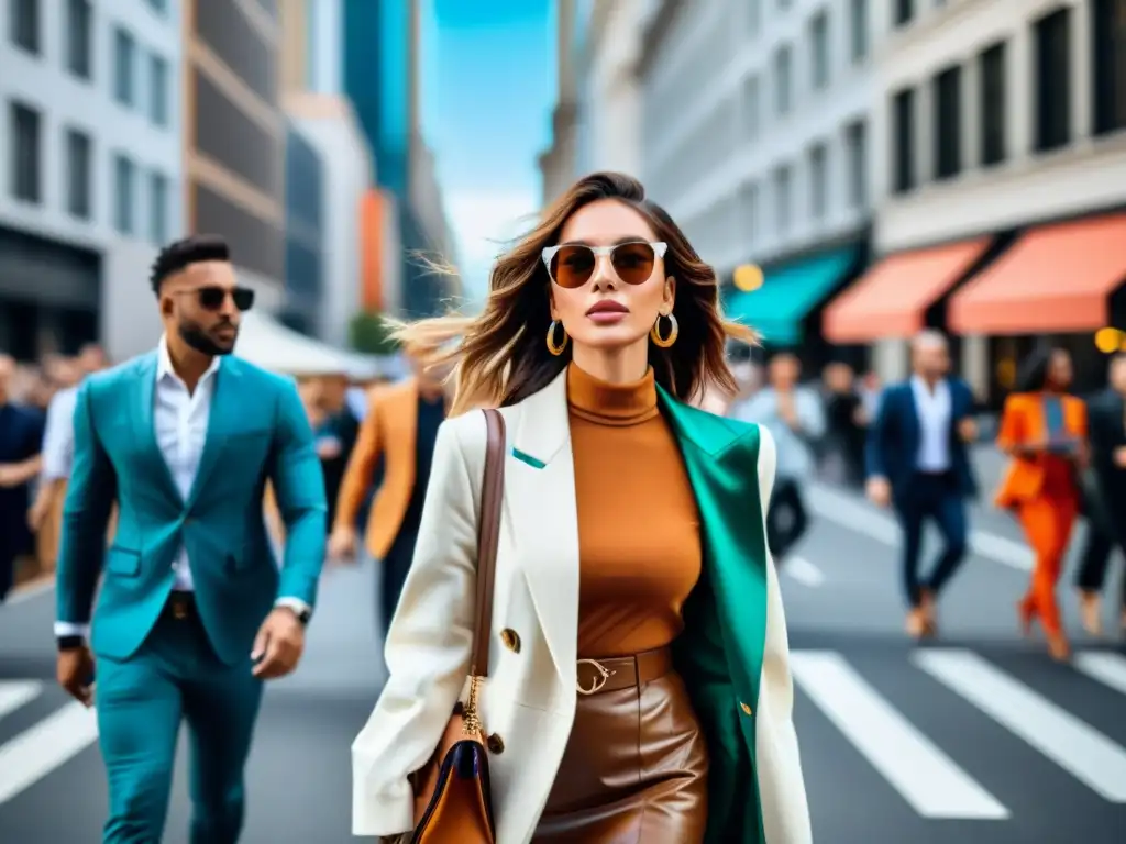 Influencer de moda deslumbra en la ciudad Un influencer de moda camina con confianza en una concurrida calle urbana, rodeado de admiradores y fotógrafos