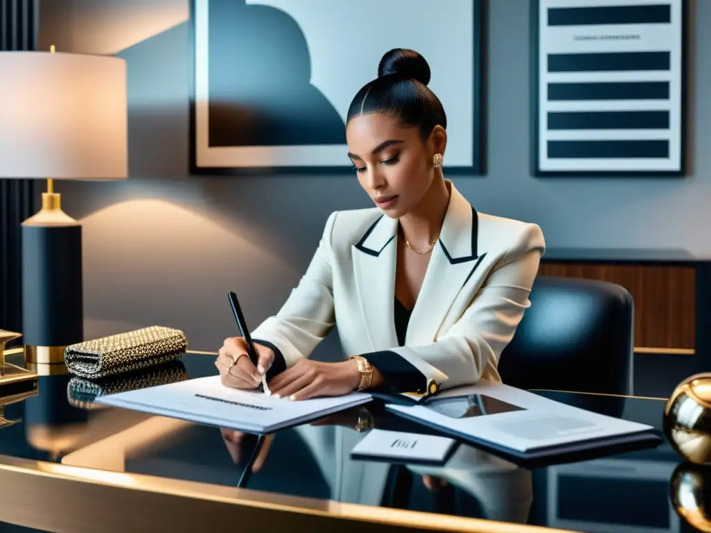 Un influencer de moda firmando un contrato con un representante de marca en un elegante y minimalista entorno de oficina