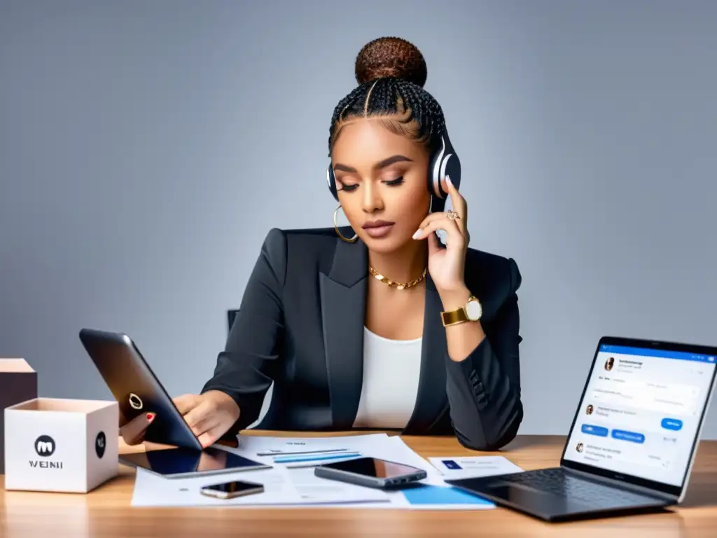 Una influencer de moda en su elegante escritorio, rodeada de productos de marca y usando aplicaciones de redes sociales