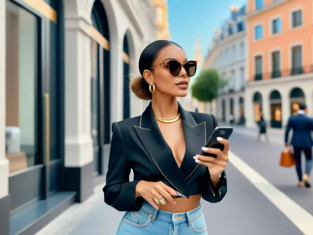 Una influencer de moda posa con estilo, interactuando en redes sociales con su smartphone