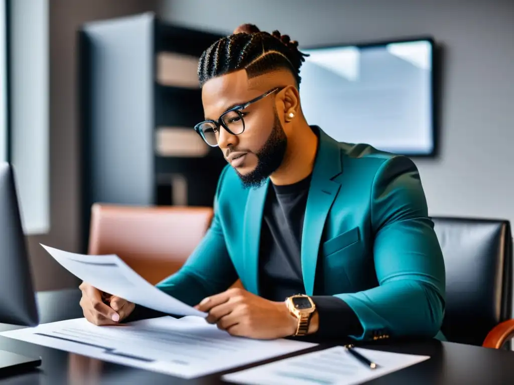 Una influencer moderna revisando documentos legales con seriedad en su elegante escritorio, rodeada de tecnología de vanguardia