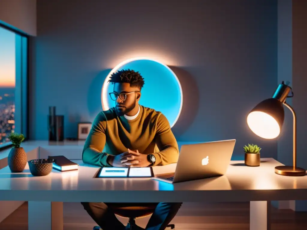 Un influencer en su moderno despacho, rodeado de tecnología de vanguardia y herramientas creativas, sumergido en sus pensamientos con una cálida luz