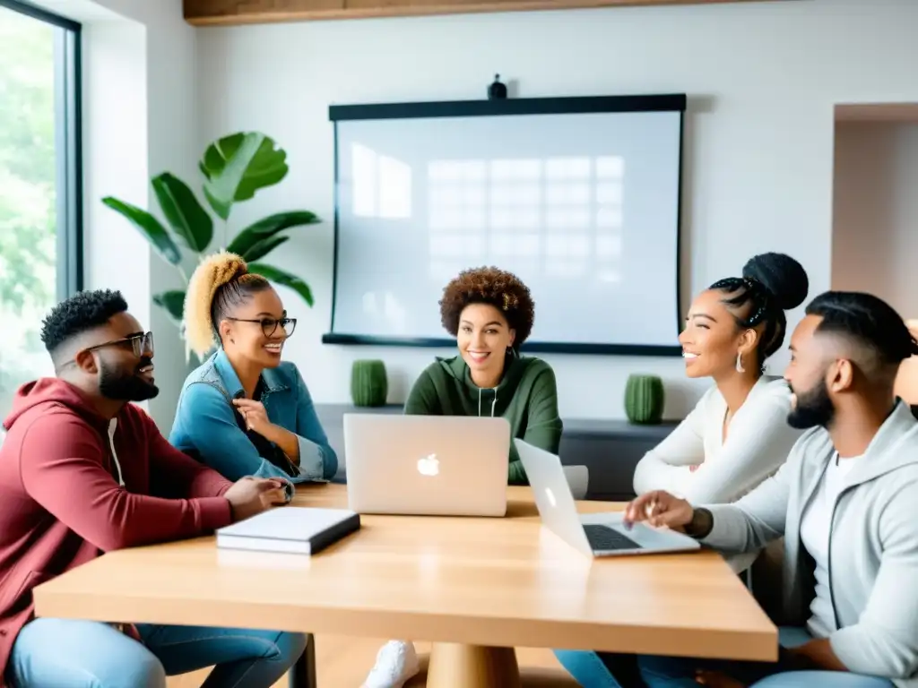 Influencers colaborando en una estrategia de marketing, rodeados de laptops y cámaras