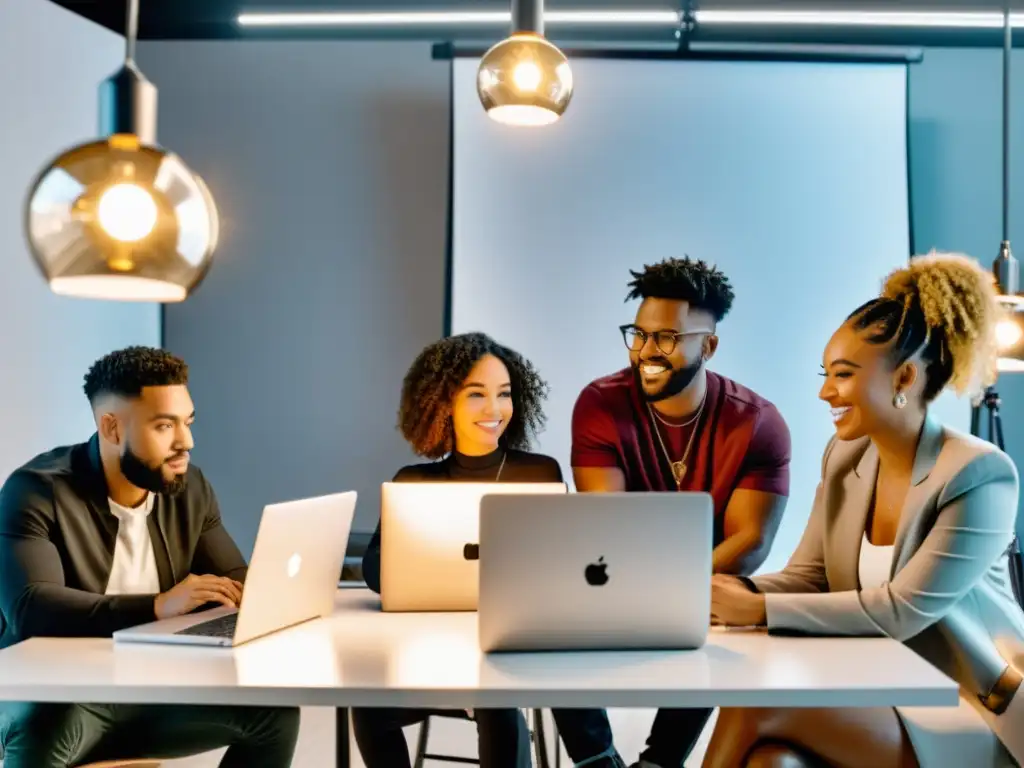 Influencers colaborando en estudio moderno, respetando el derecho de autor para influencers