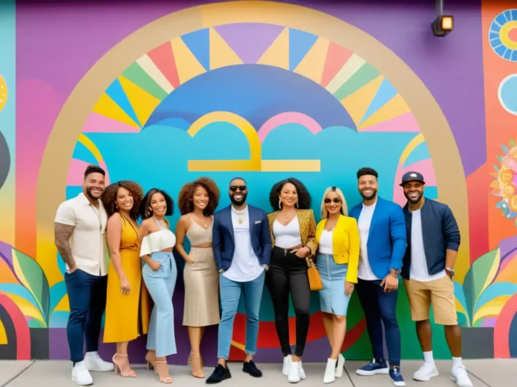 Influencers posando frente a mural colorido con arte cultural, reflejando el rol del influencer en derechos de autor
